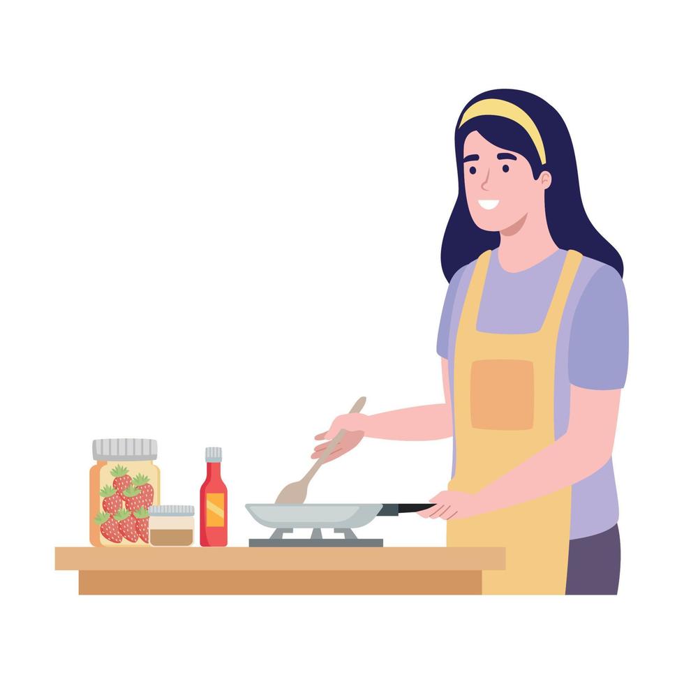 girl cooking with pan vector