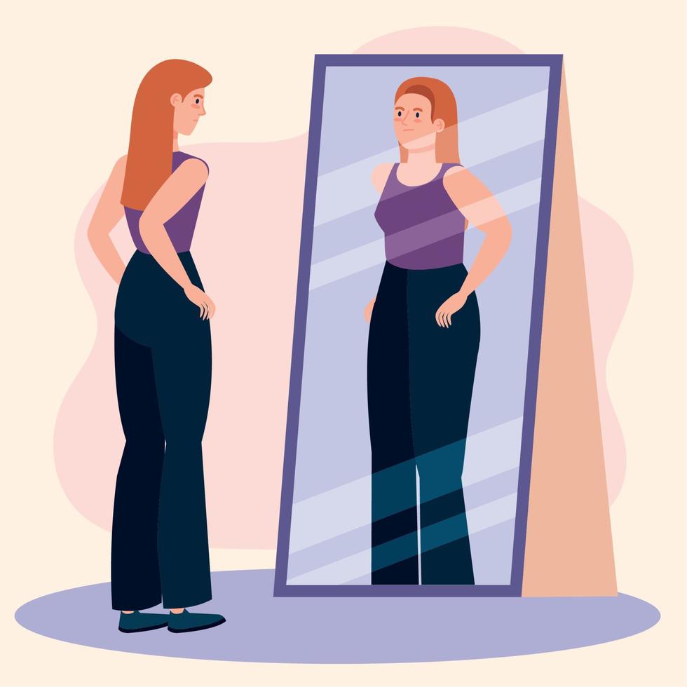 redhead woman looking fat in mirror vector