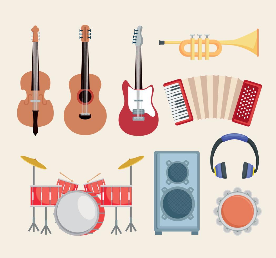 nine musical instruments vector