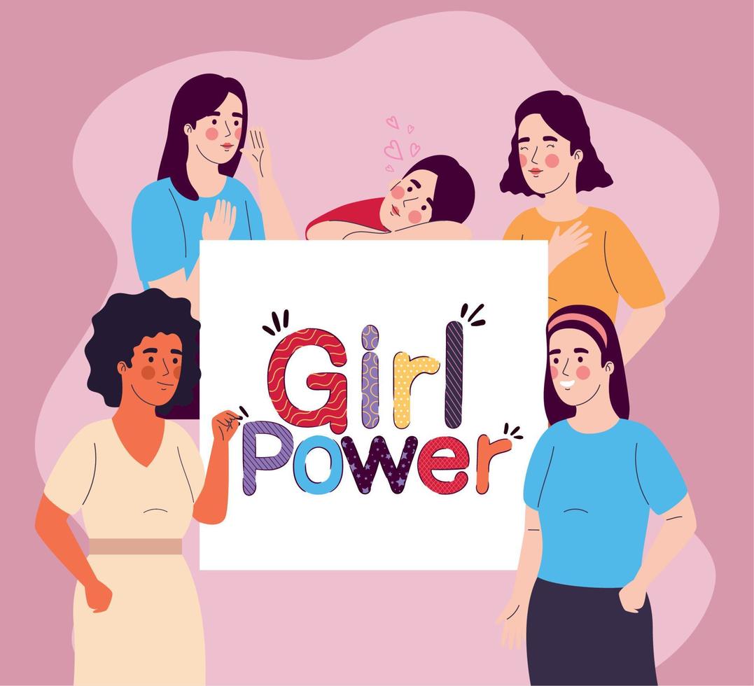 girl power lettering and girls vector