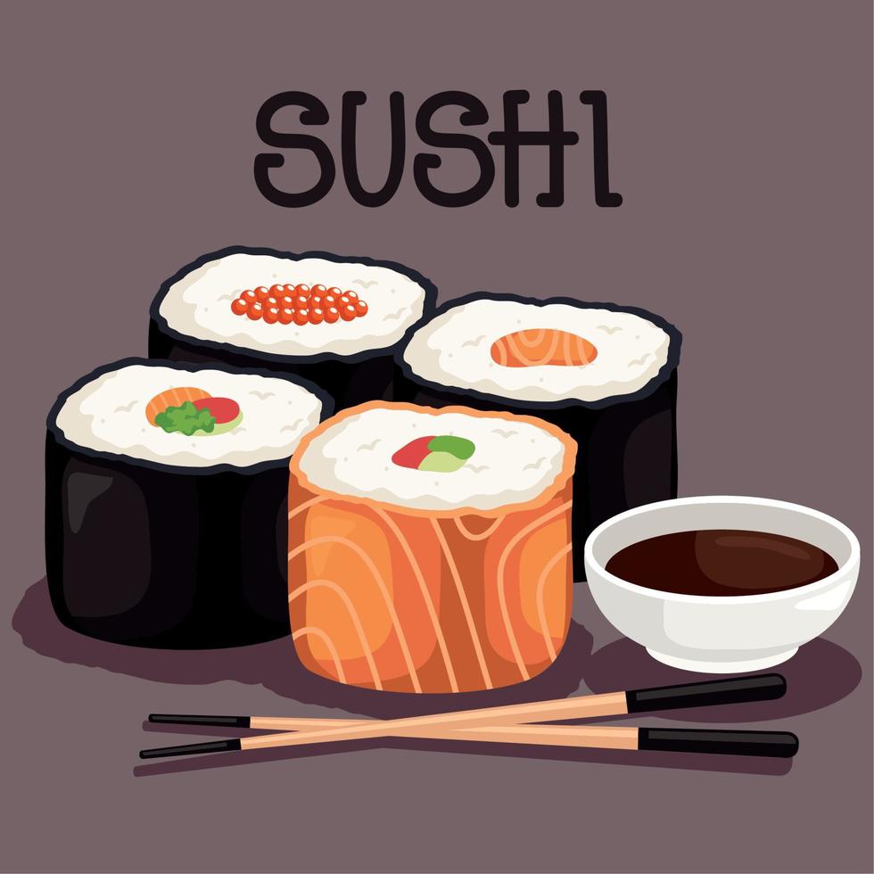 sushi lettering and rolls vector