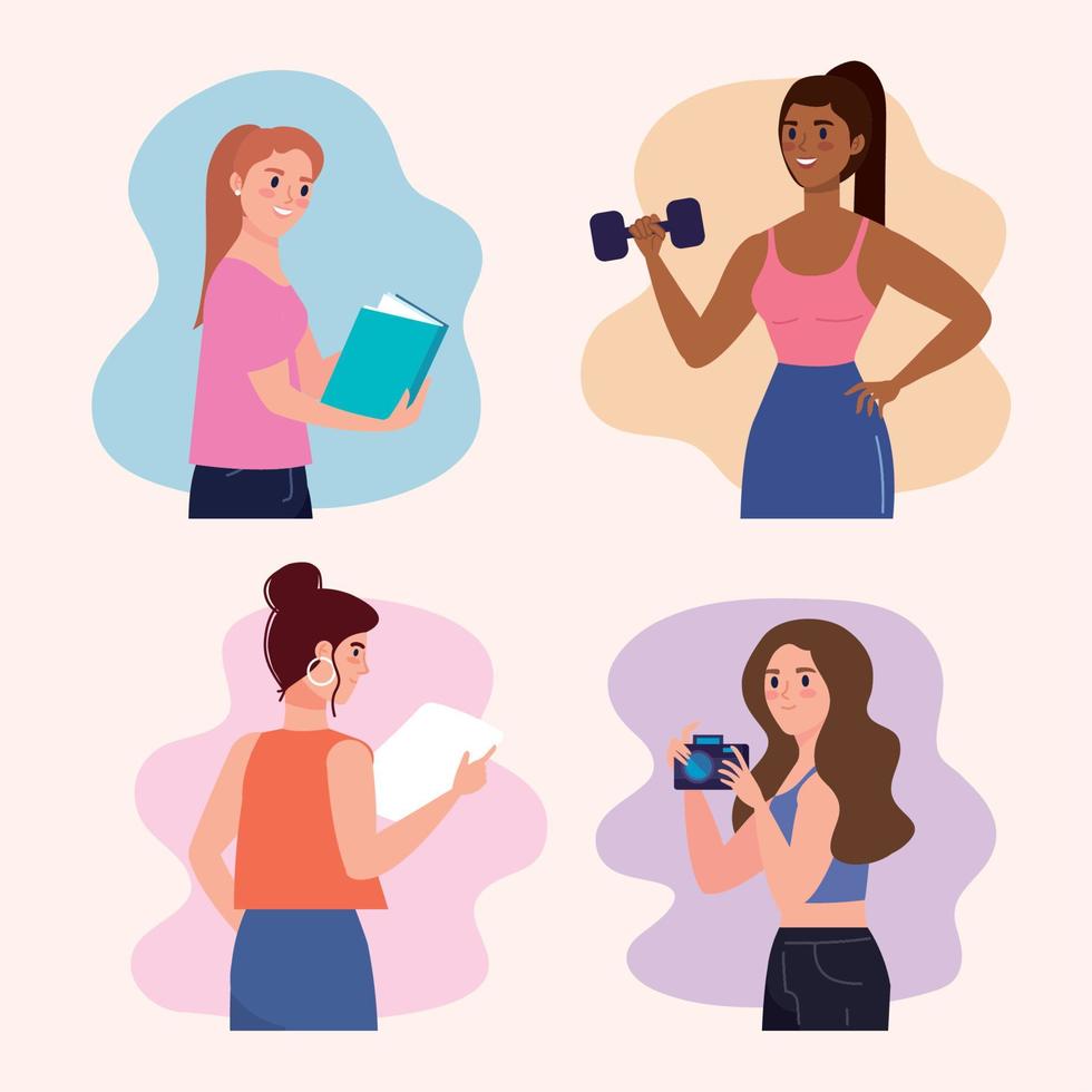 four girls practicing activities vector
