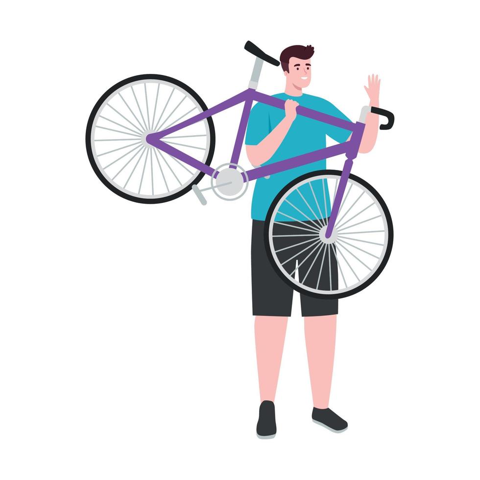 man lifting purple bicycle vector