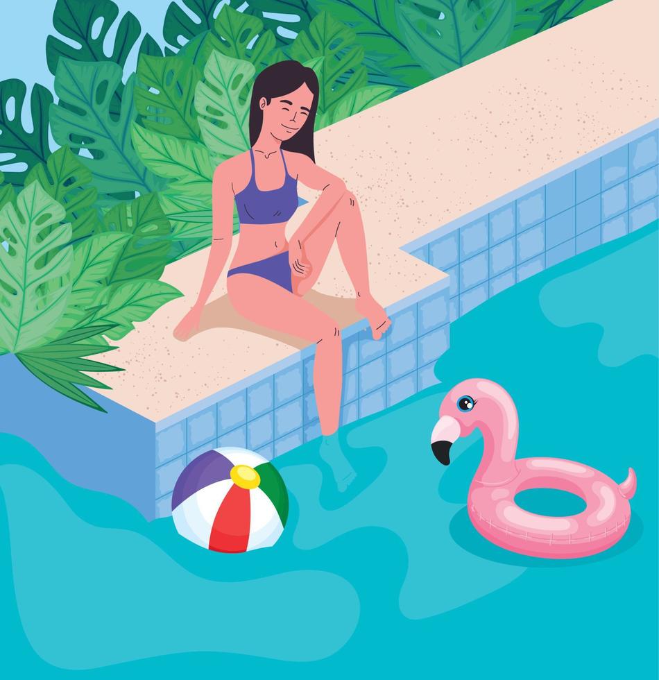 señora sentada en la piscina vector