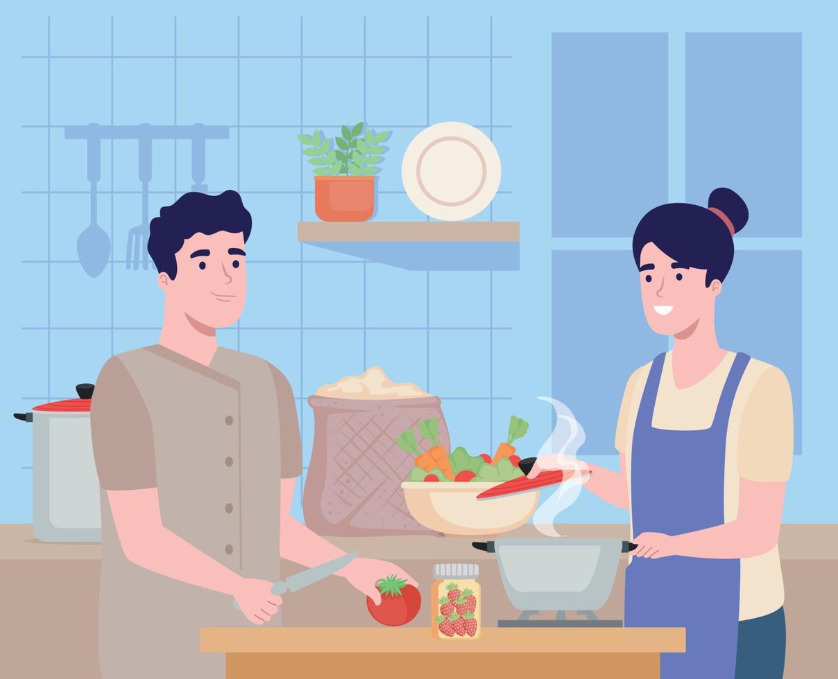 couple cooking with vegetables vector