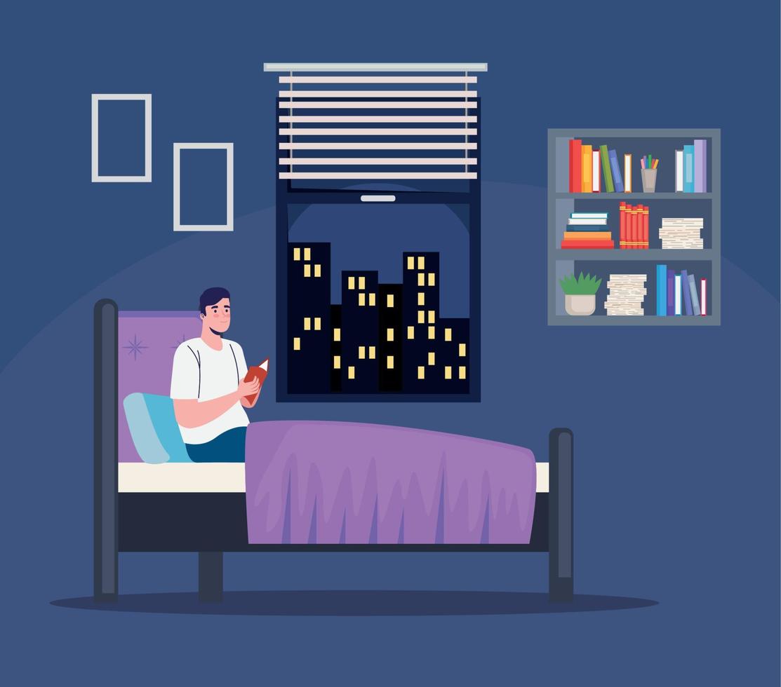 hombre leyendo en el dormitorio vector