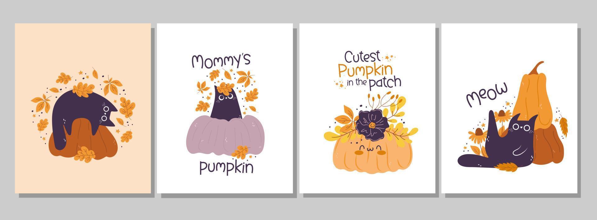 Decorating a child's room. Cute black cat and pumpkins. Nursery wall arts. Kawaii Pumpkin  autumn characters. Set of vector illustrations perfect for cards, invitations, posters.