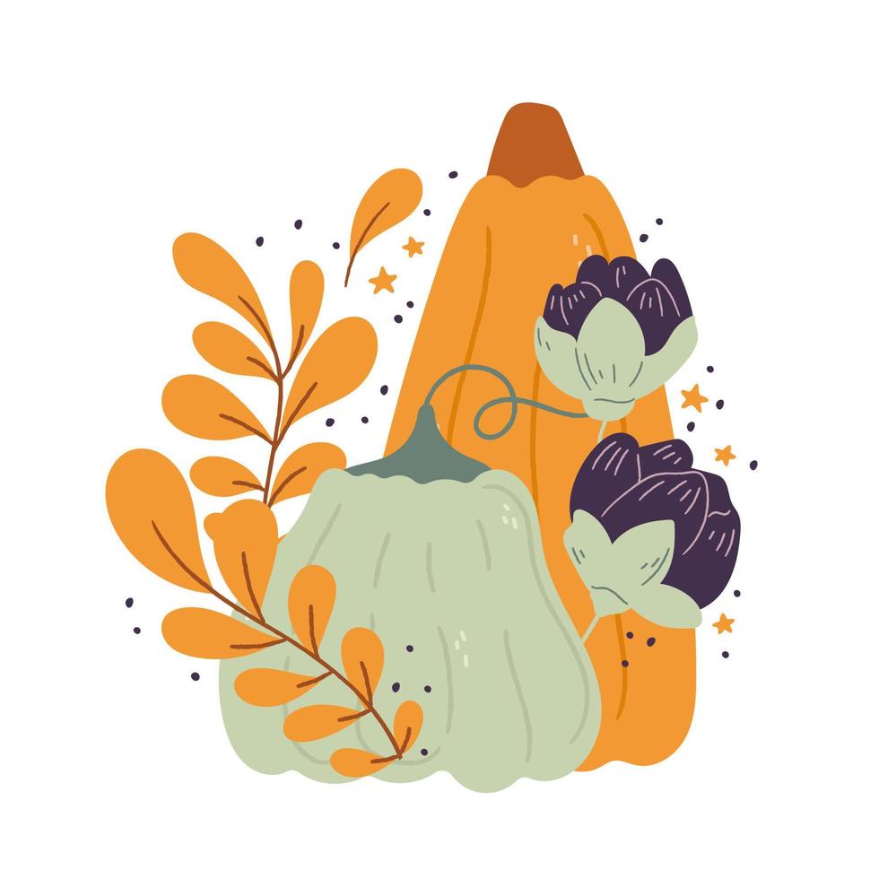 composiciones de dibujos animados de calabazas con hojas y flores. composición vectorial aislada de calabaza para otoño, cosecha agrícola, acción de gracias o diseños de halloween vector