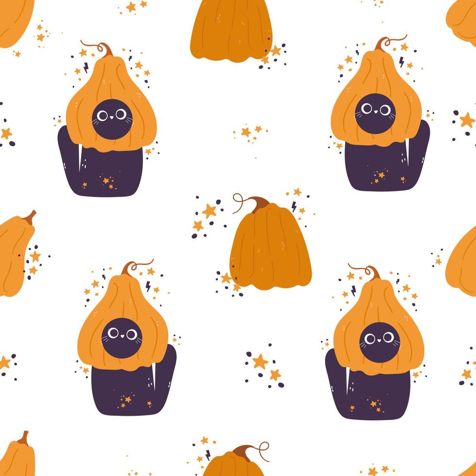 Seamless pattern with  Cute pumpkins and cats. Nursery kids patterns. Kawaii Pumpkin autumn characters. Vector pattern perfect for fabric, invitations, posters, printing