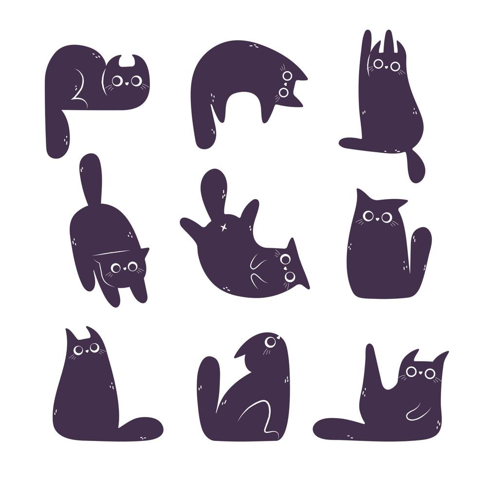 conjunto de lindos garabatos de gatos negros aislados en fondo blanco. divertido personaje animal de dibujos animados en diferentes poses. grupo de muchos gatos negros ilustración de silueta vectorial aislada en fondo blanco. vector