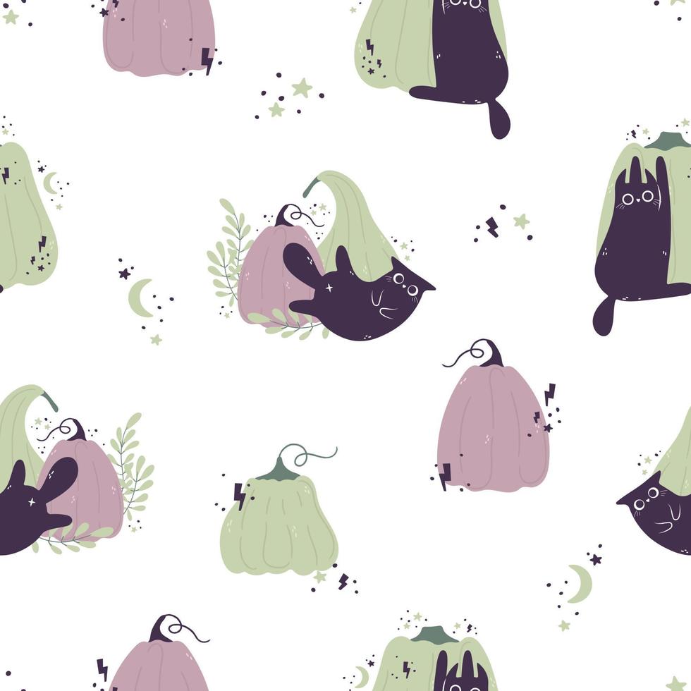 Seamless pattern with  Cute pumpkins and cats. Nursery kids patterns. Kawaii Pumpkin autumn characters. Vector pattern perfect for fabric, invitations, posters, printing