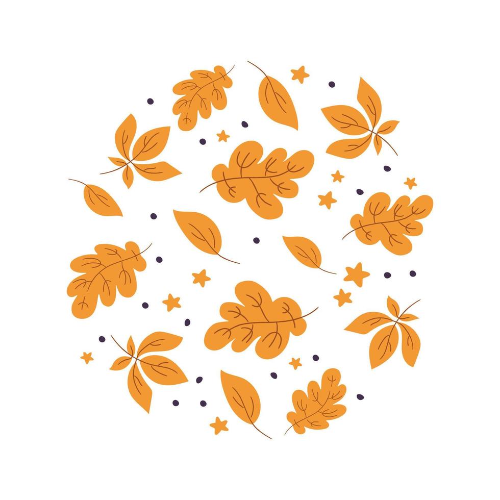 Vector doodle composition circle of autumn leaves. Round autumn design element on white background for autumn fall, agricultural harvest, Thanksgiving or Halloween designs