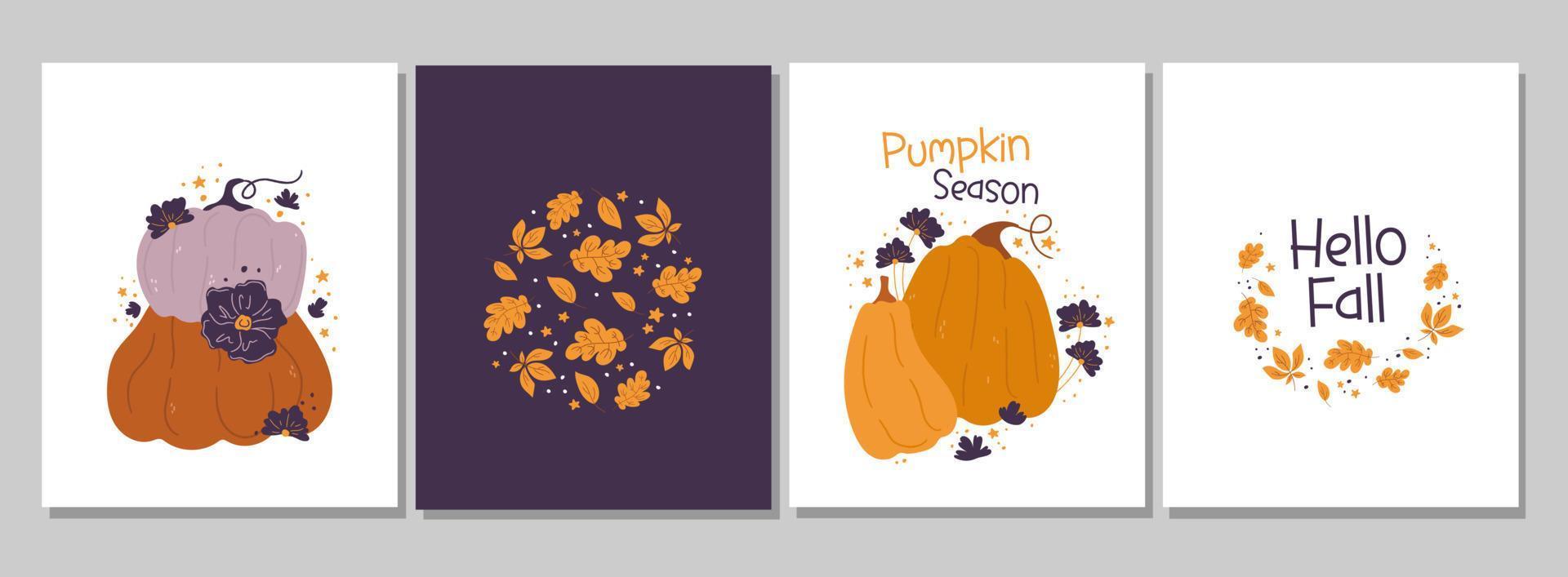Decorating a child's room. Cute pumpkins and leaves. Nursery wall arts. Kawaii Pumpkin autumn characters. Set of vector illustrations perfect for cards, invitations, posters.