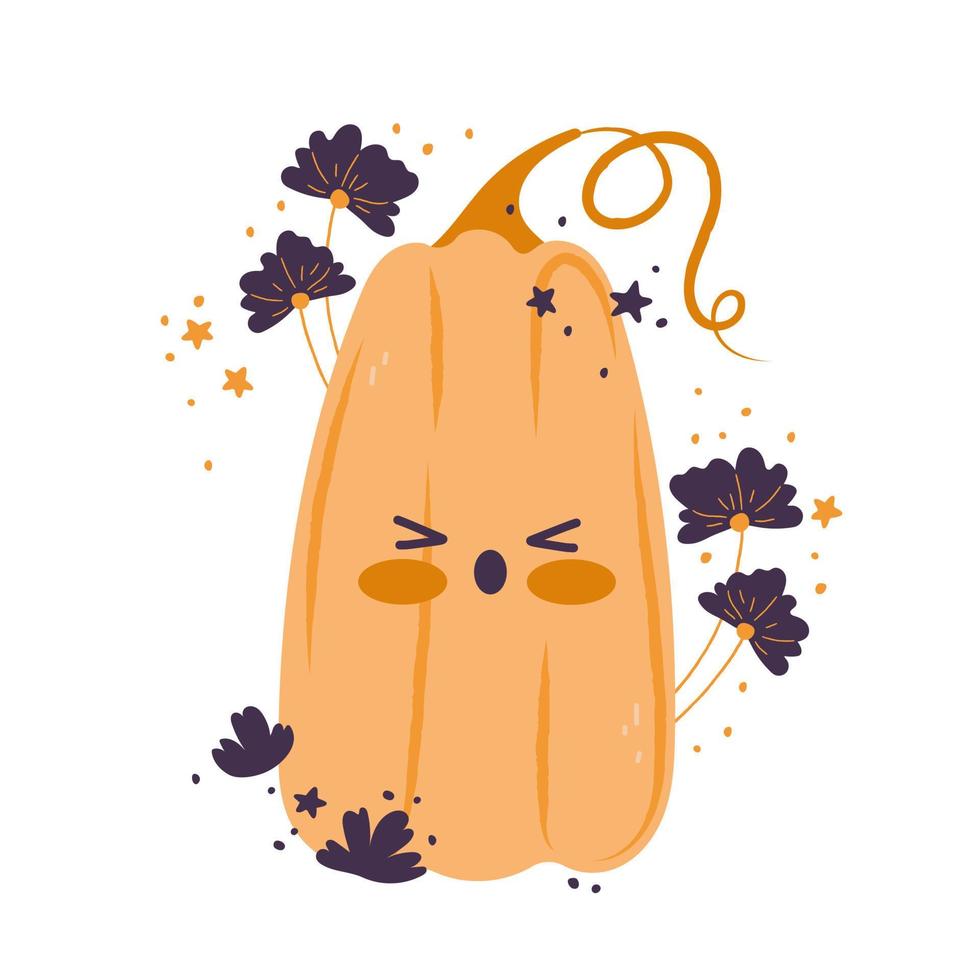 Pumpkin card with cartoon character with leaves and flowers. Pumpkin    isolated vector composition for autumn fall, agricultural harvest, Thanksgiving or Halloween designs