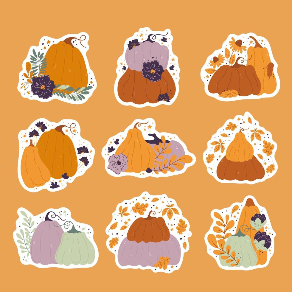 umpkins sticker pack cartoon compositions with leaves and flowers. Stickers of various shapes and colors isolated vector composition for autumn fall, agricultural harvest, Thanksgiving or Halloween