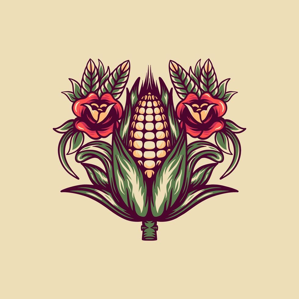 Corn And Roses Retro Illustration vector