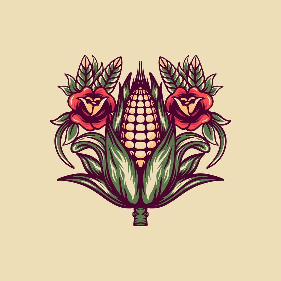 ilustración retro de maíz y rosas vector