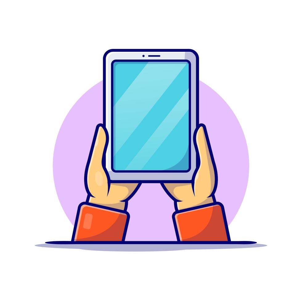 Hand Holding Tablet Cartoon Vector Icon Illustration.  Technology Object Icon Concept Isolated Premium Vector.  Flat Cartoon Style