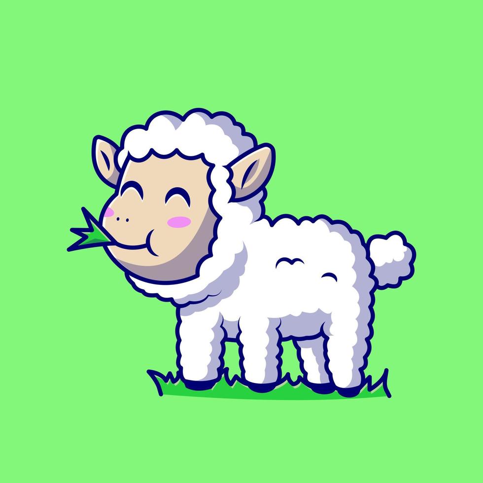 Cute Sheep Eating Grass Cartoon Vector Icon Illustration.  Animal Sheep Icon Concept Isolated Premium Vector. Flat  Cartoon Style