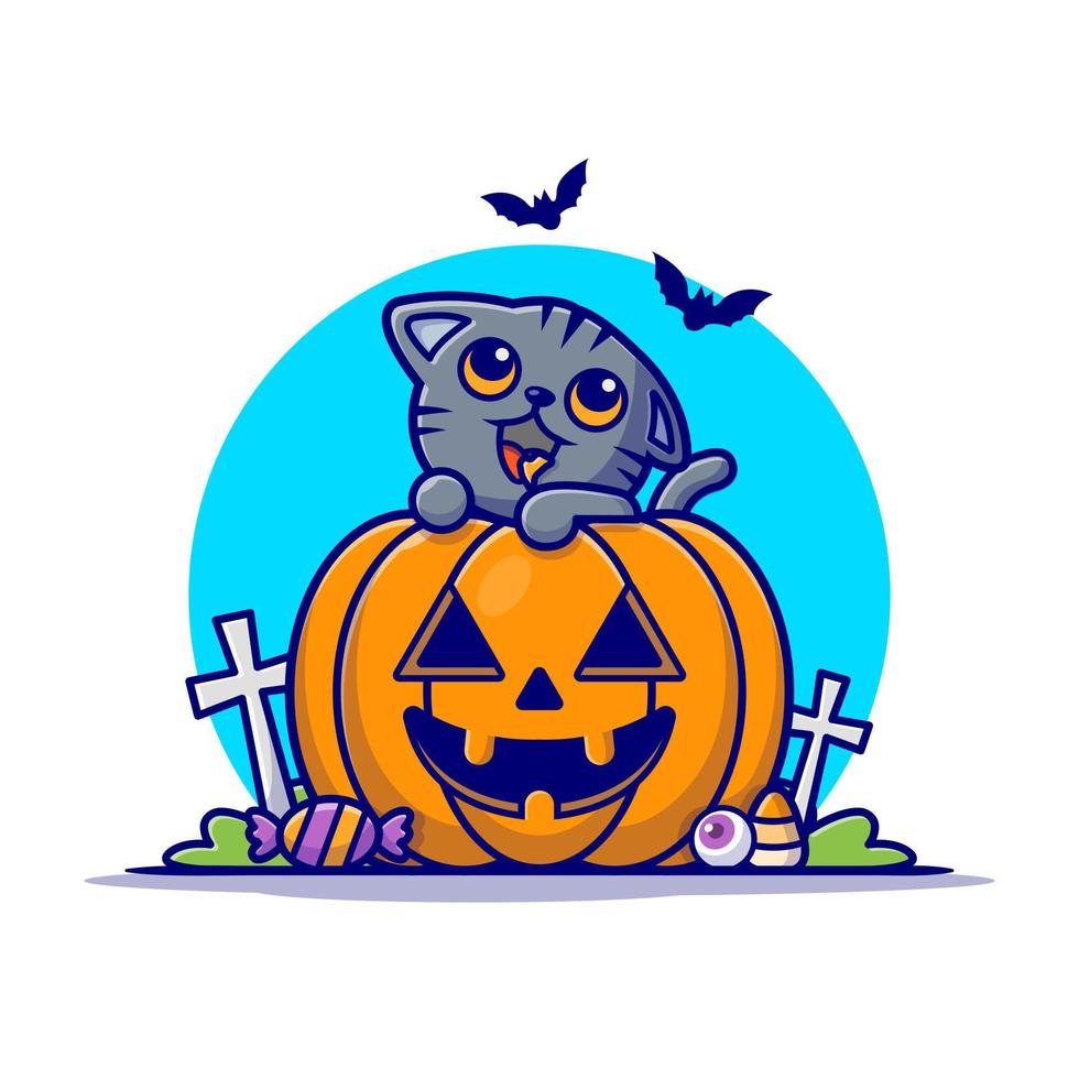 lindo gato gris con calabaza halloween dibujos animados vector icono ilustración. concepto de icono de vacaciones de animales vector premium aislado. estilo de dibujos animados plana