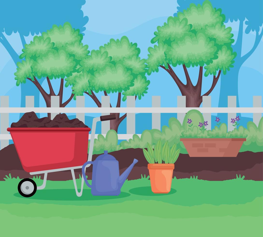 wheelbarrow and gardening tools vector