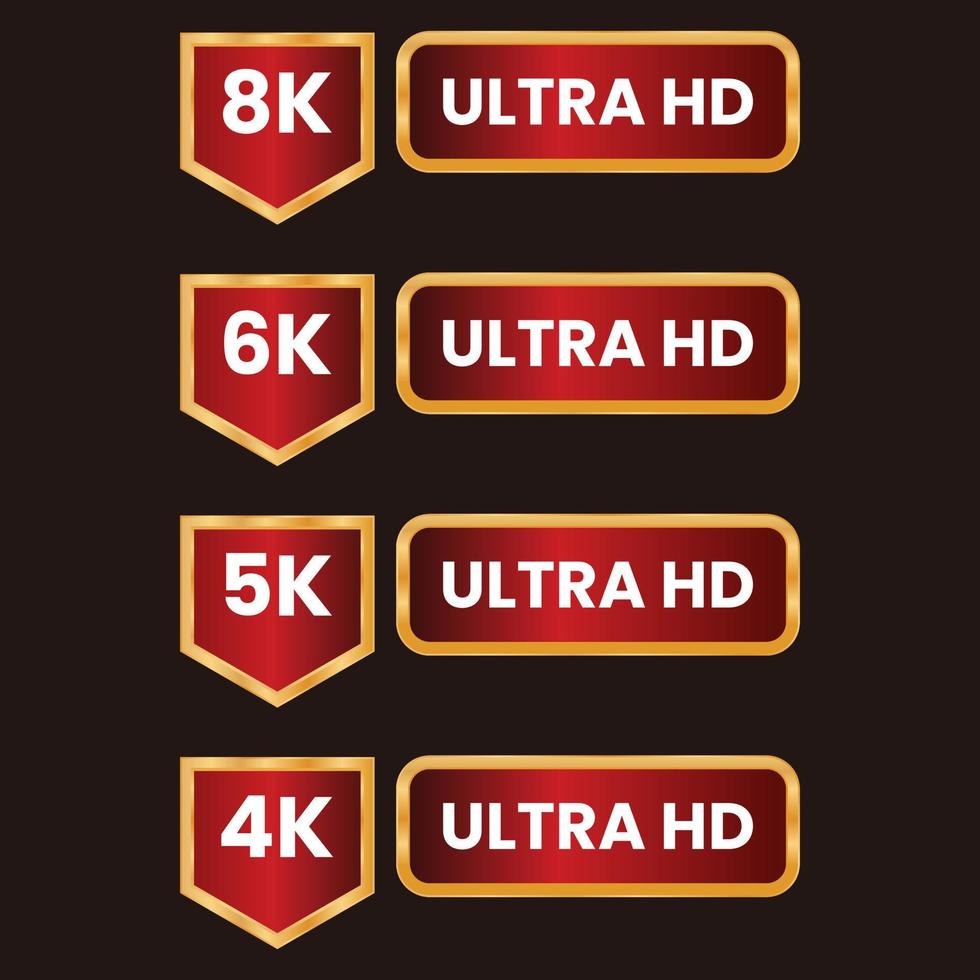 logotipo de icono de resolución de video ultra hd rojo de 8k, 6k, 5k, 4k con marco dorado vector