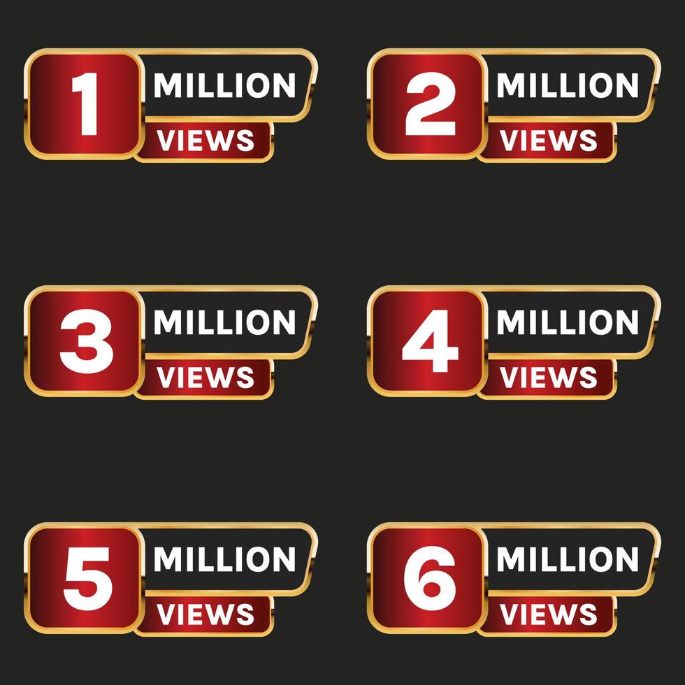 million views celebration banner vector set, golden 1 million views to 6 million plus views label set