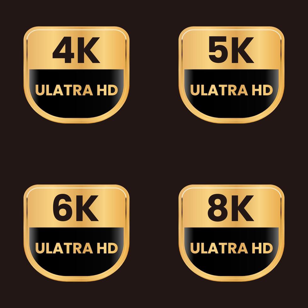 conjunto de insignias doradas de resolución ultra hd de 8k, 6k, 5k y 4k vector