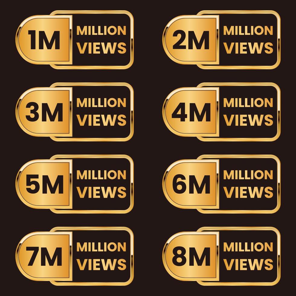 million views celebration badge, golden 1 million views to 8 million views label set vector