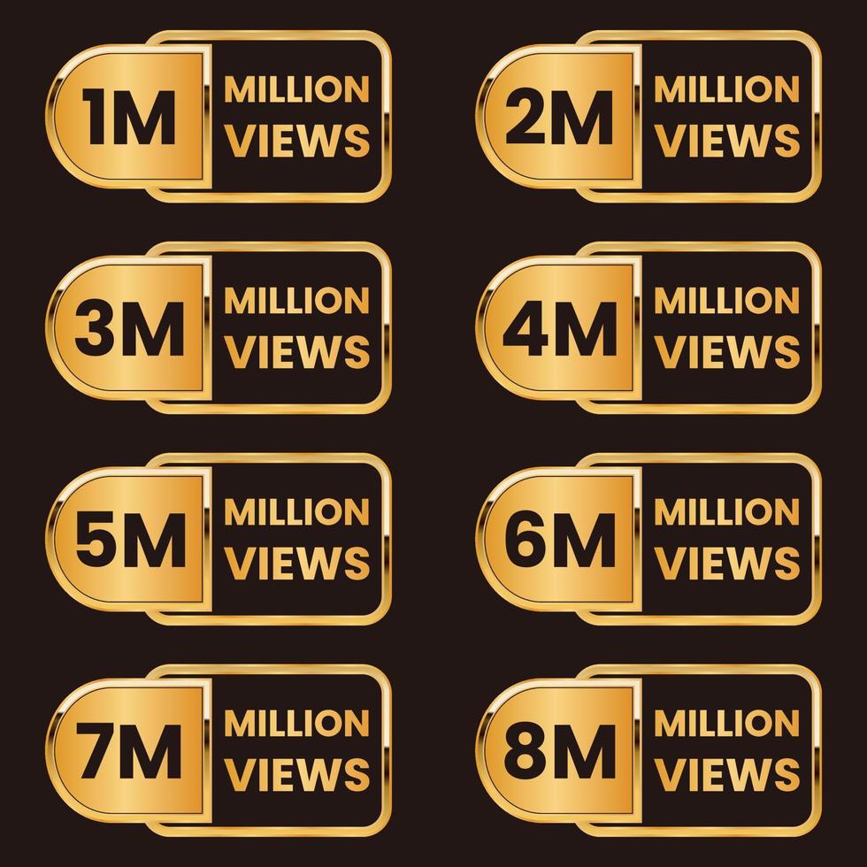 million views celebration badge, golden 1 million views to 8 million views label set vector