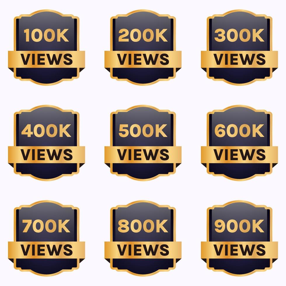 Diseño de banner de celebración de 100k vistas a 900k vistas, conjunto de insignias de 100k más vistas vector