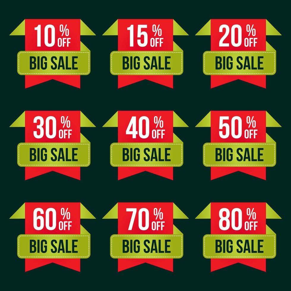 different percent discount offer banner and price tag set, up to 10,15,20,40,50,60,70,75 percent off label vector