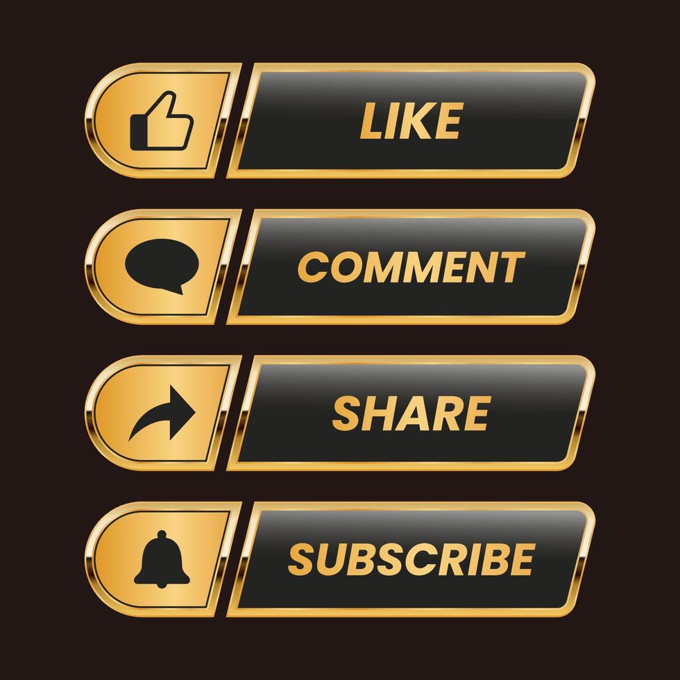 golden like comment share and subscribe text button vector set