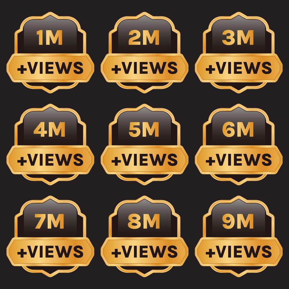 million views celebration badge, golden 1 million views to 9 million views banner set vector