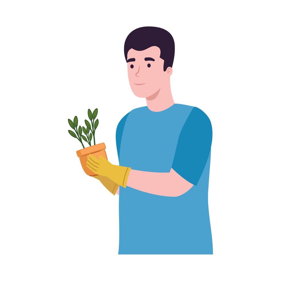 joven con planta de interior vector