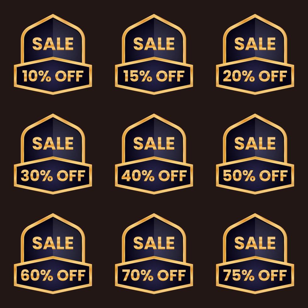 Conjunto de colección de etiquetas de venta de diferentes porcentajes de descuento con marco dorado vector