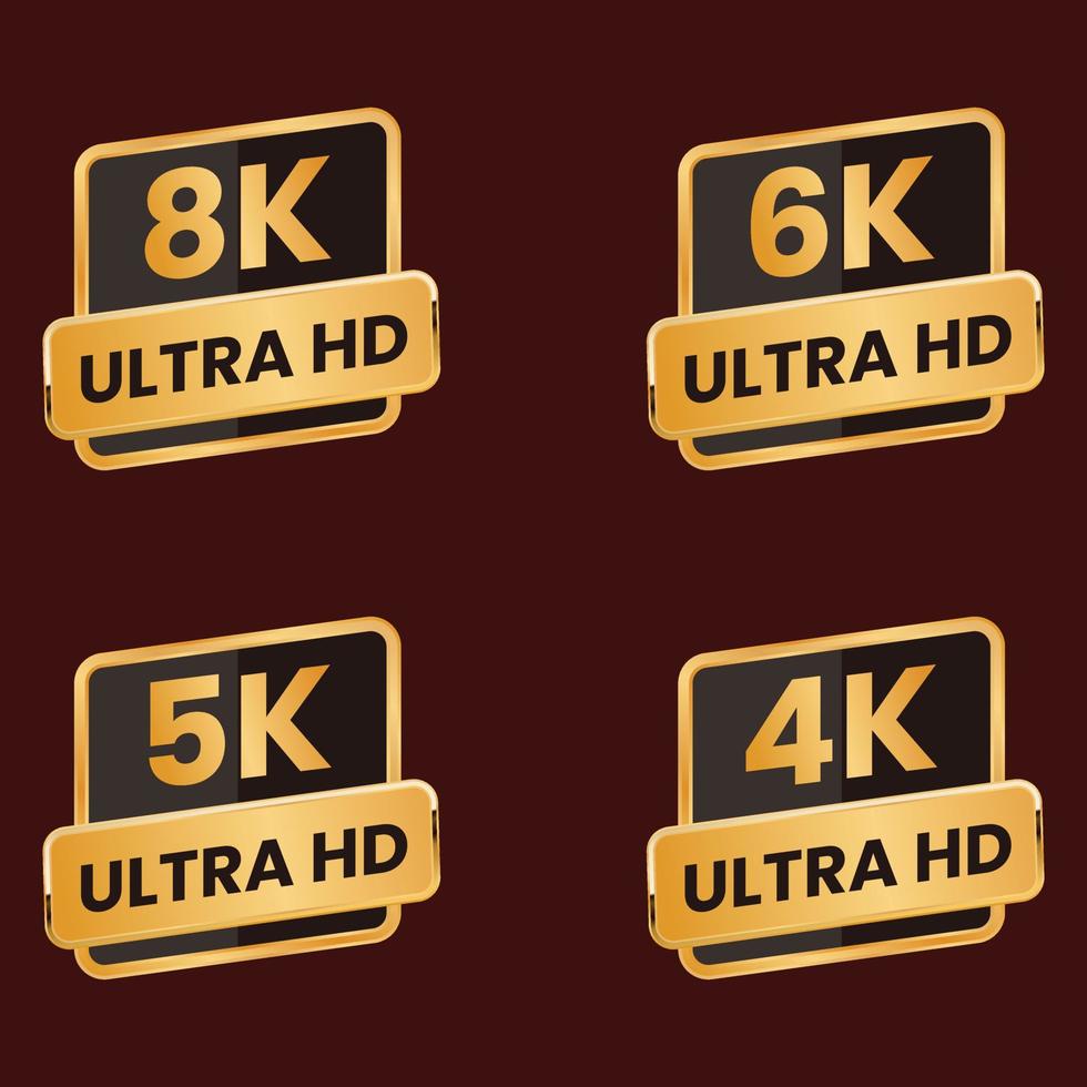 conjunto de logotipos de iconos de resolución de video ultra hd de 8k, 6k, 5k, 4k dorados vector