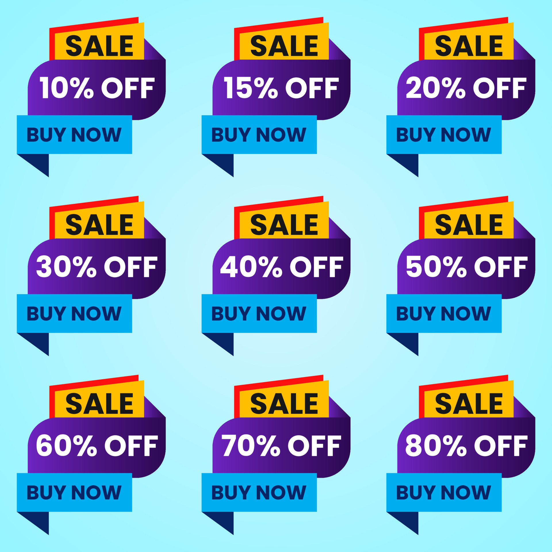 discount stickers set for shop, retail, promotion. 10, 20, 25, 30, 40, 50, 60, 70 percentage off