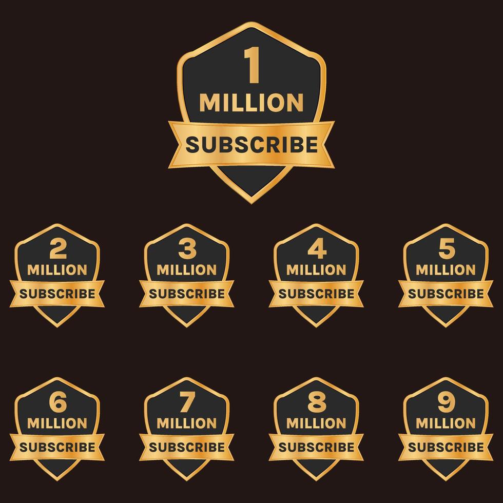 vector de banner de celebración de suscriptores, conjunto de insignias de 1 millón de suscriptores a 9 millones de suscriptores