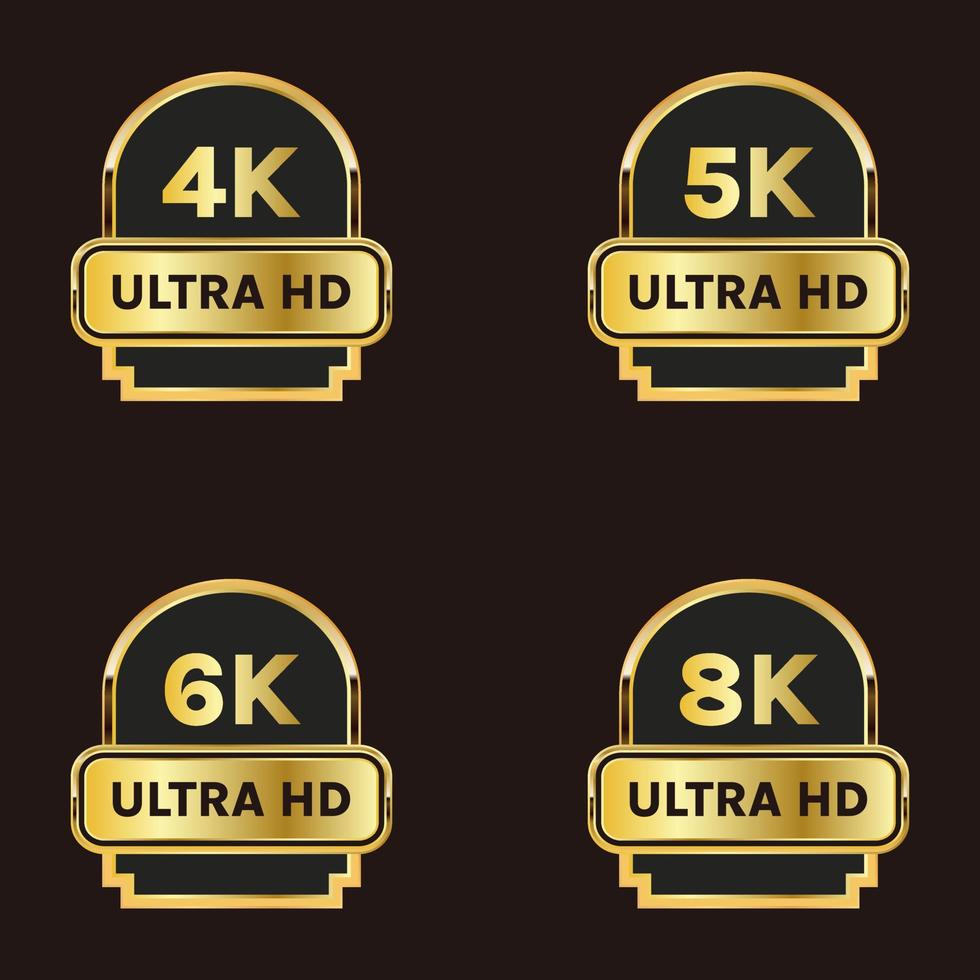 conjunto de logotipos de iconos de resolución de video ultra hd de 8k, 6k, 5k, 4k dorados vector