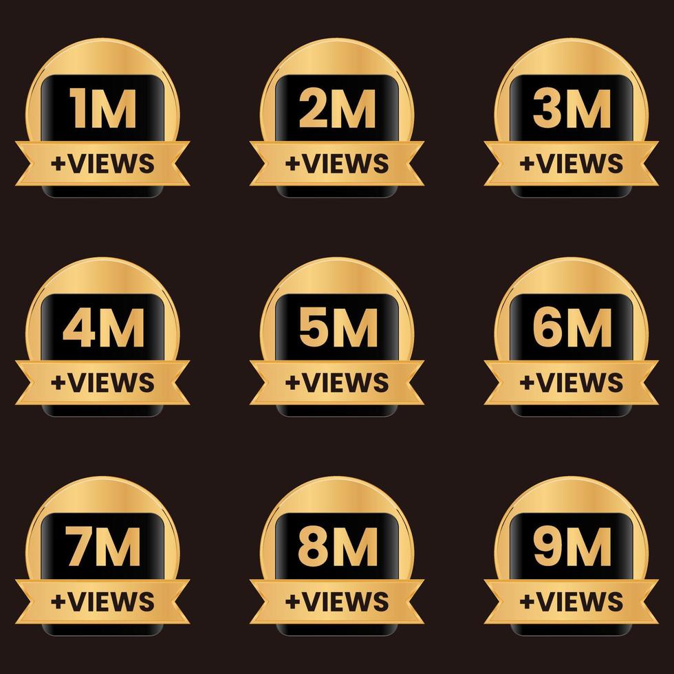 million views celebration badge, golden 1 million views to 9 million views banner set vector