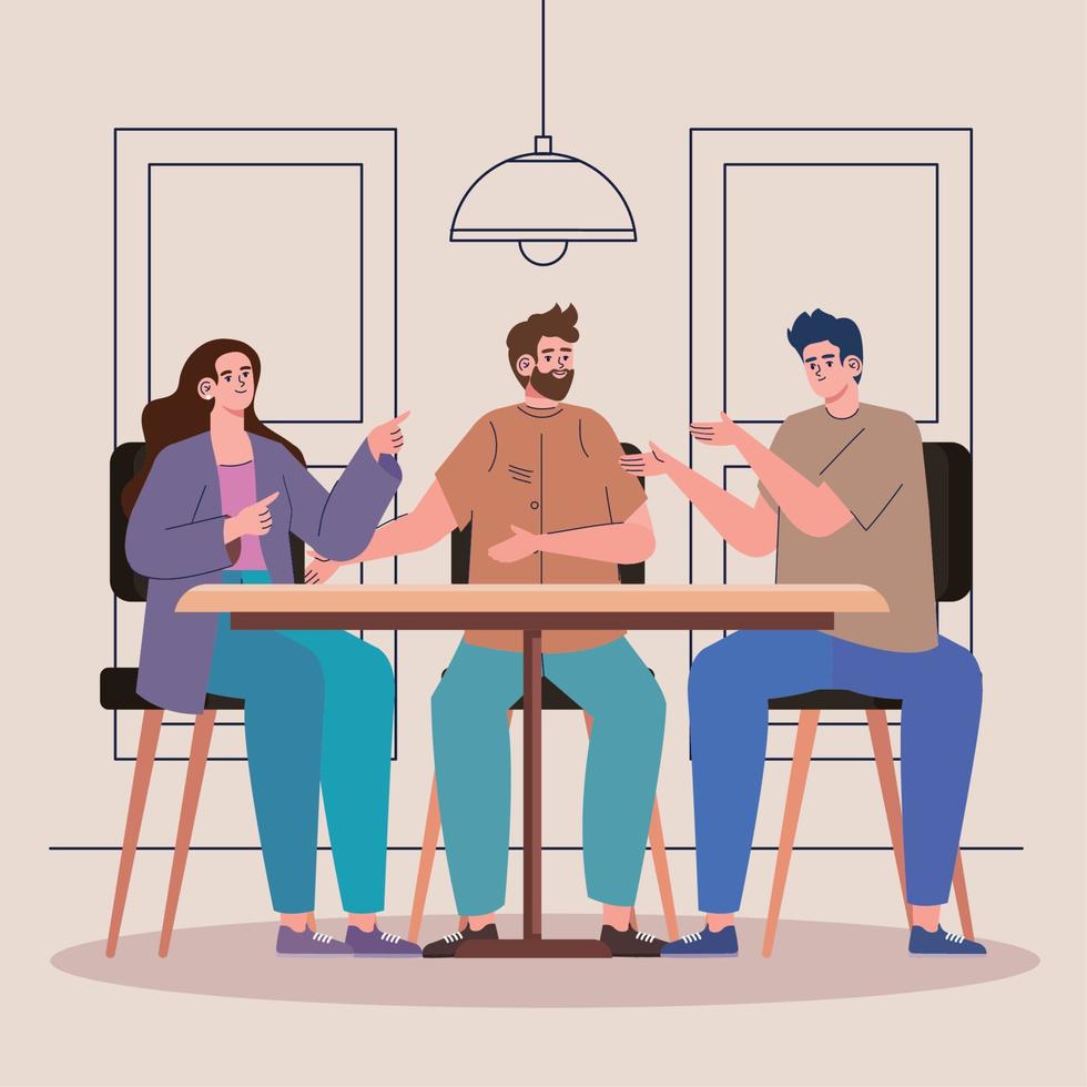 three persons talking in table vector