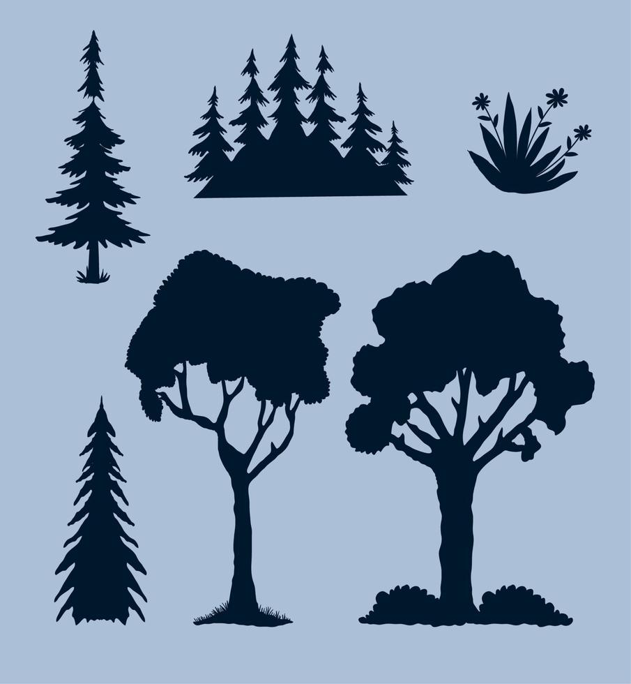 six tree plants silhouette icons vector