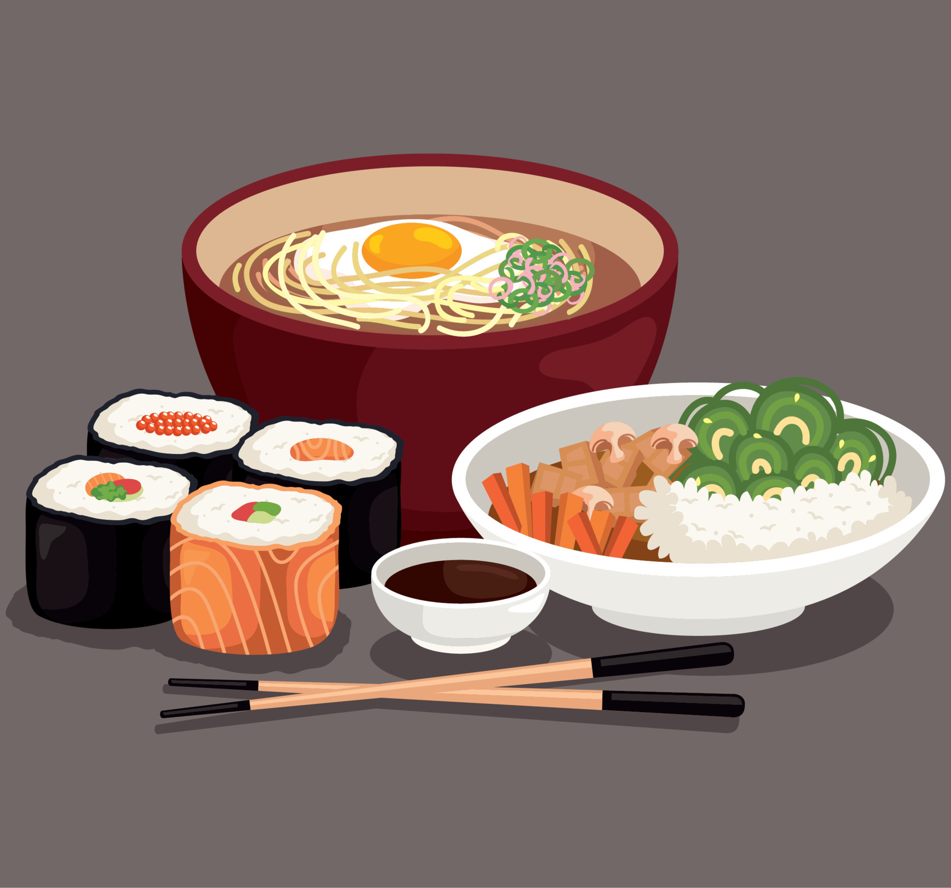 Comida japonesa, arroz en tazón, sushi y ramen Vector de stock por  ©klyaksun 464878078