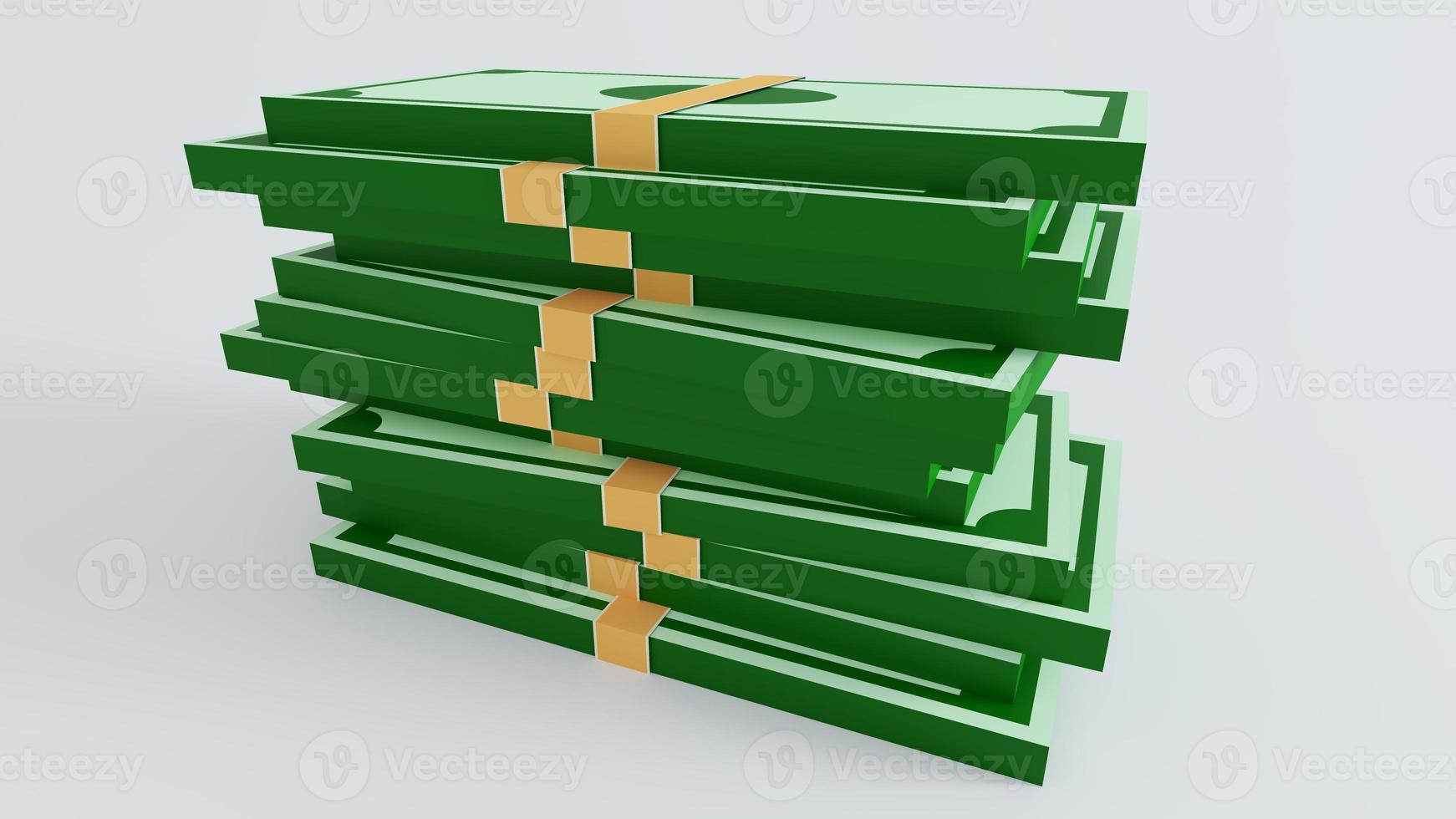 pila de dinero de nota trasera con moneda de oro en estilo 3d realista. elemento de diseño de negocios y finanzas, dólares de papel verde por renderizado 3d. foto