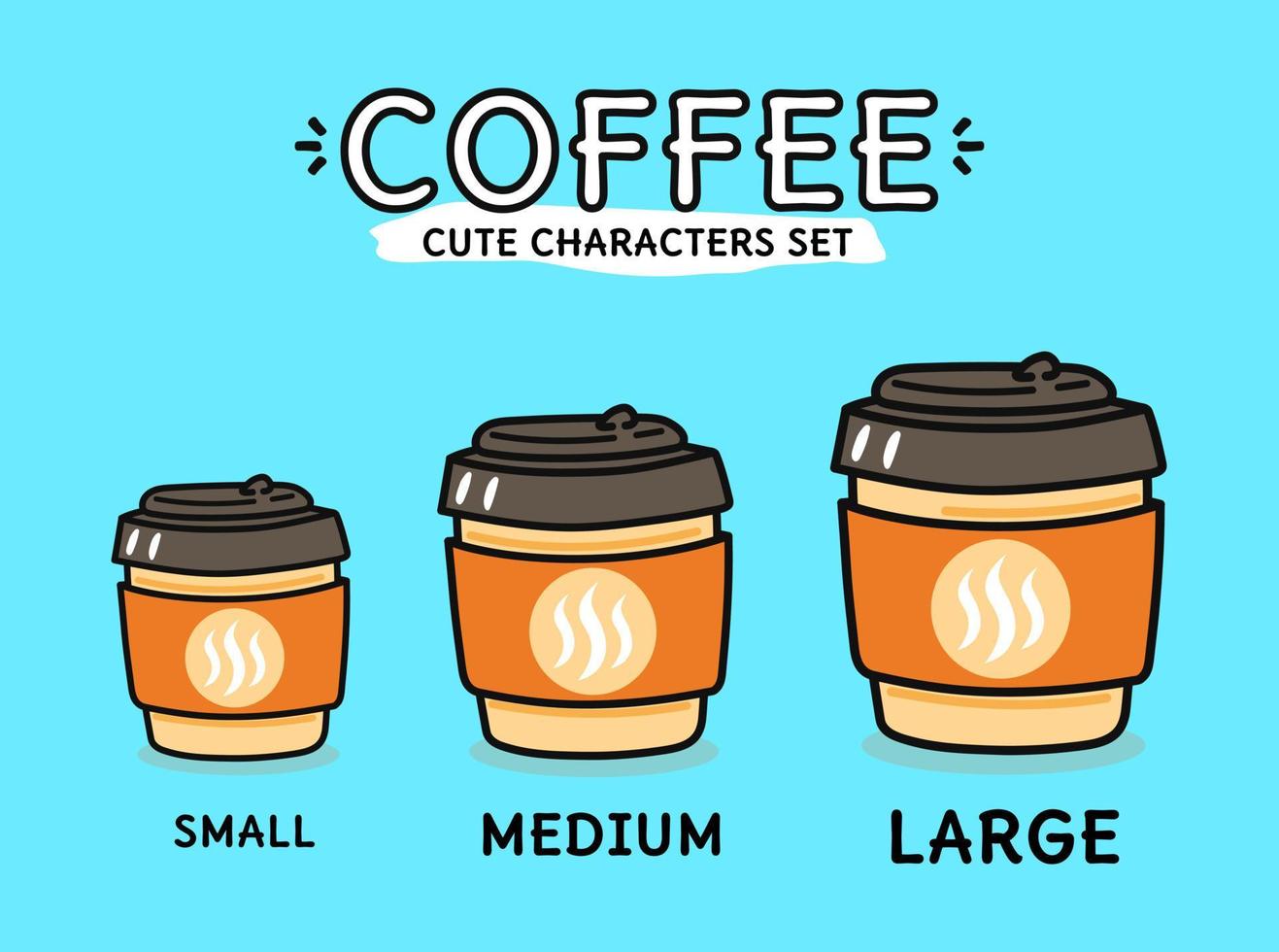 Set of different size hot drink cup vectors with steam isolated on blue. Illustration of a small, medium and large take away drink collection