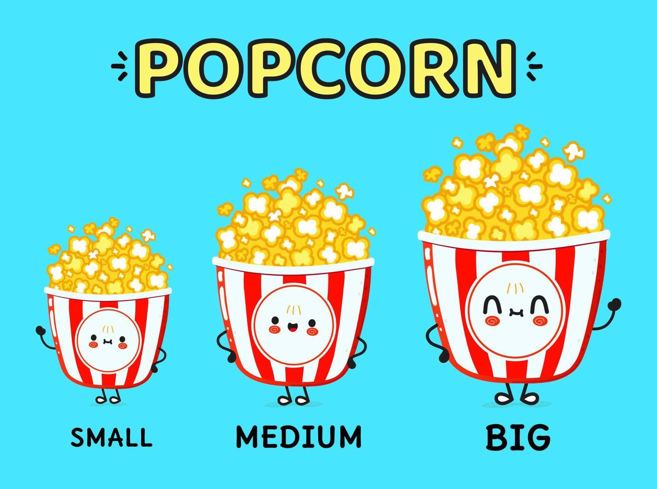 Set of different size popcorn vectors isolated on blue. Illustration of a small, medium and big popcorn collection