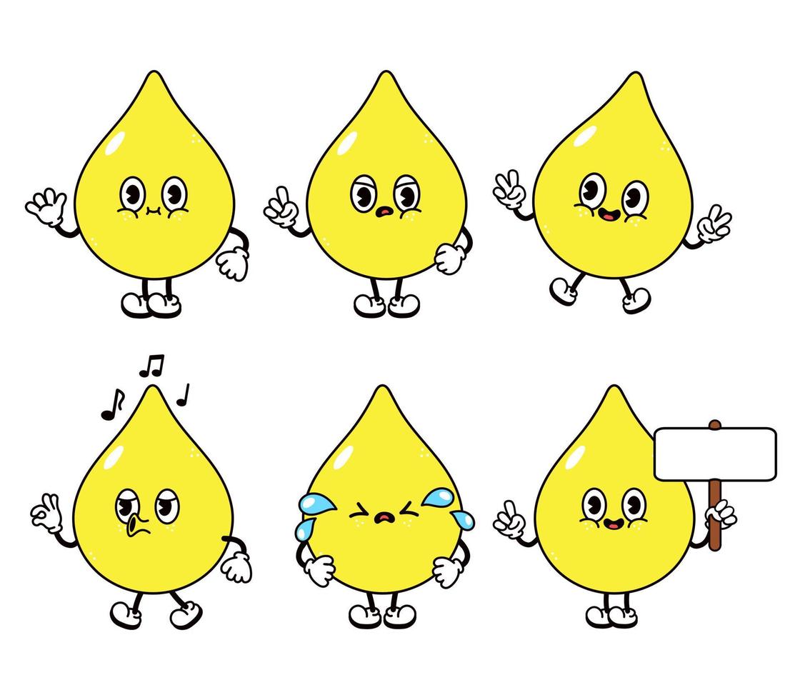 Funny cute drop of urine characters bundle set. Vector hand drawn doodle style traditional cartoon vintage, retro character illustration icon design. Isolated white background. Happy drop of urine