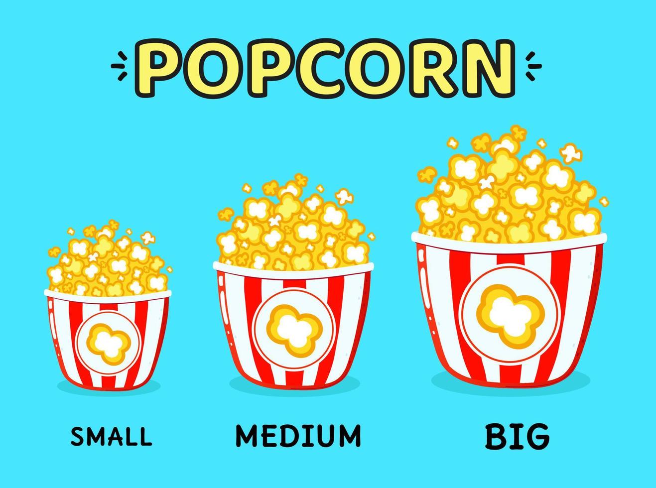 Set of different size popcorn vectors isolated on blue. Illustration of a small, medium and big popcorn collection