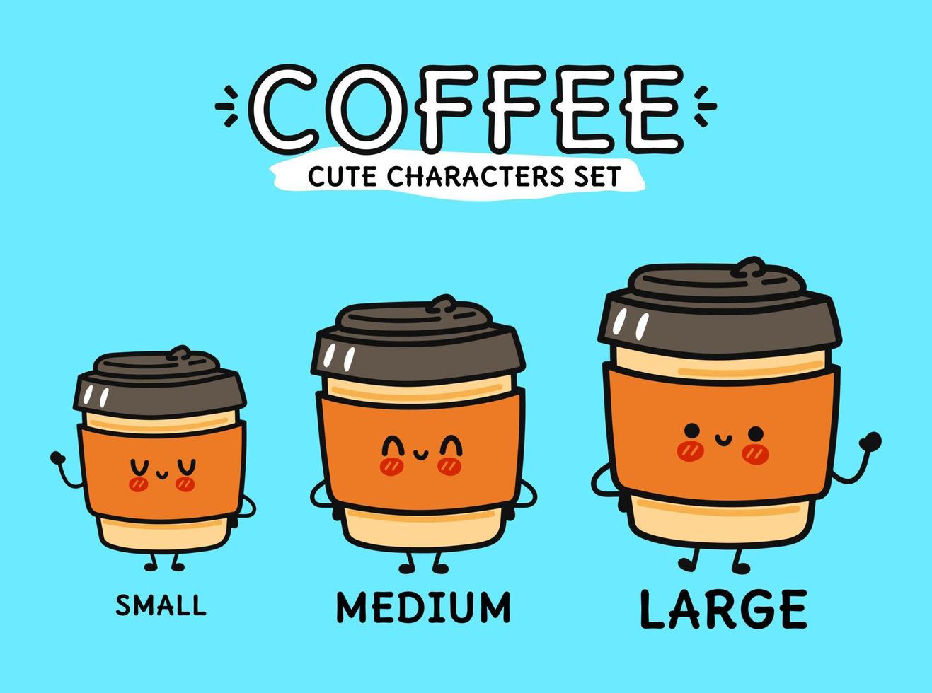 Set of different size hot drink cup vectors with steam isolated on blue. Illustration of a small, medium and large take away drink collection